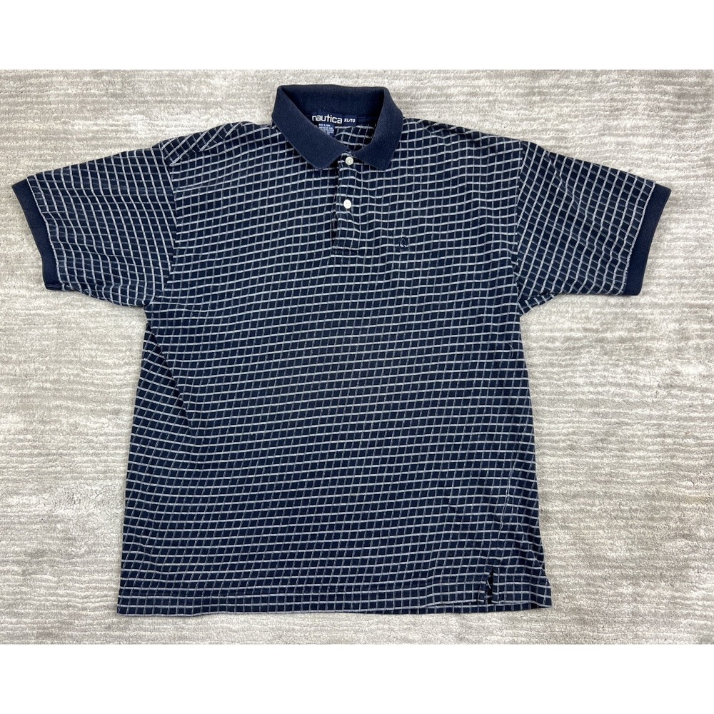 Nautica Mens Polo Shirt XL Blue Short Sleeve Check Dark Logo Cotton